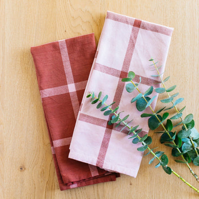 Hand-Loomed Cotton Kitchen Towels, Set of 2: Blush Plaid - Amsha
