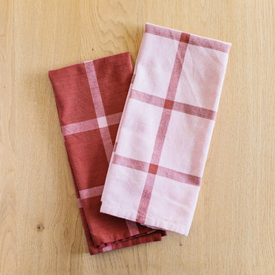 Hand-Loomed Cotton Kitchen Towels, Set of 2: Blush Plaid - Amsha