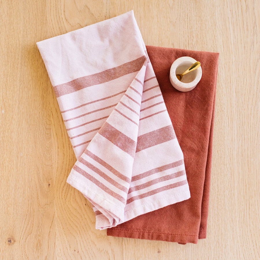 Hand-Loomed Cotton Kitchen Towels, Set of 2: Blush Striped - Amsha
