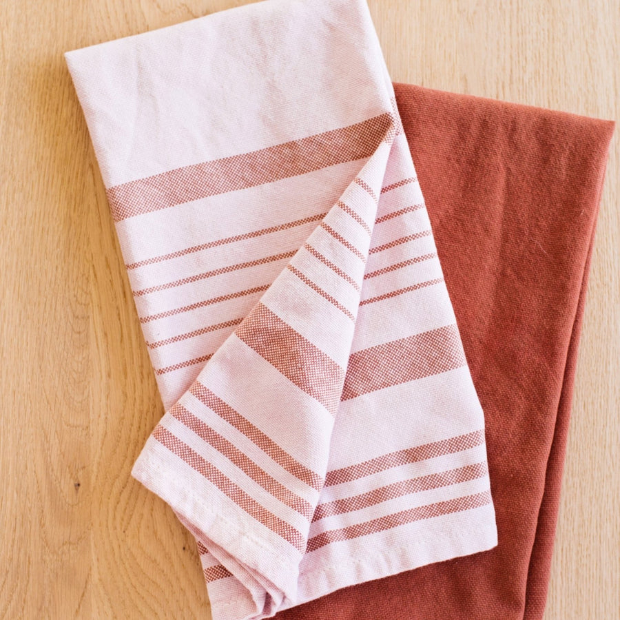 Hand-Loomed Cotton Kitchen Towels, Set of 2: Blush Striped - Amsha