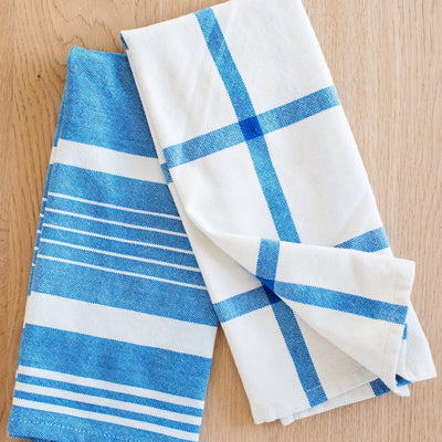 Hand-Loomed Cotton Kitchen Towels, Set of 2: Bright Blue Set - Amsha