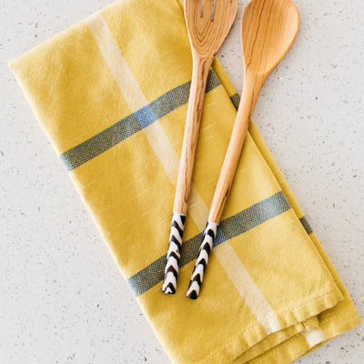 Hand-Loomed Cotton Kitchen Towels, Set of 2: Mustard Plaid - Amsha