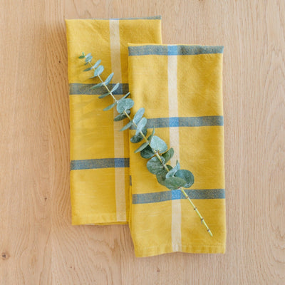 Hand-Loomed Cotton Kitchen Towels, Set of 2: Mustard Plaid - Amsha