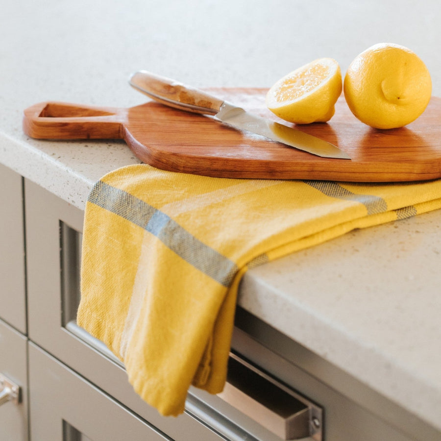 Hand-Loomed Cotton Kitchen Towels, Set of 2: Mustard Plaid - Amsha
