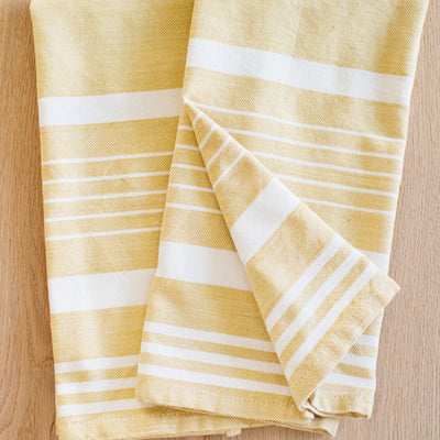 Hand-Loomed Cotton Kitchen Towels, Set of 2: Mustard Stripes - Amsha