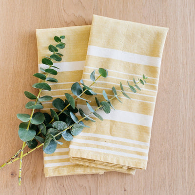 Hand-Loomed Cotton Kitchen Towels, Set of 2: Mustard Stripes - Amsha