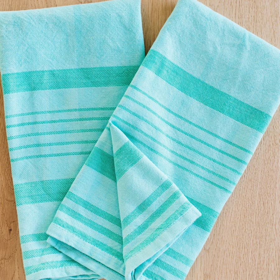 Hand-Loomed Cotton Kitchen Towels, Set of 2: Turquoise Jade - Amsha