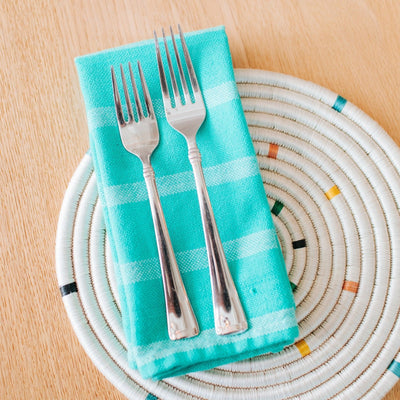 Hand-Loomed Cotton Napkins, Set of 4: Turquoise Stripes - Amsha