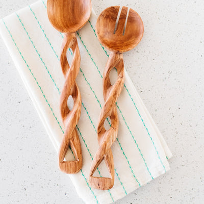 Olivewood Twisted Salad Server Set Spoons - Amsha