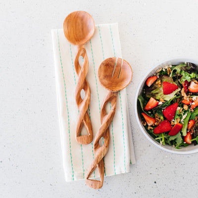 Olivewood Twisted Salad Server Set Spoons - Amsha