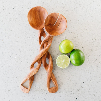 Olivewood Twisted Salad Server Set Spoons - Amsha