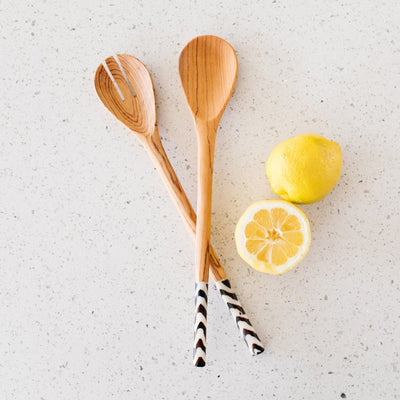 Olivewood Zig-Zag Salad Serving Set Spoons - Amsha