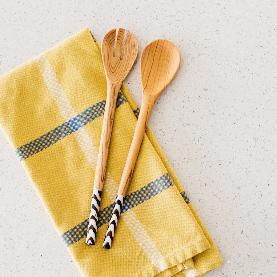 Olivewood Zig-Zag Salad Serving Set Spoons - Amsha